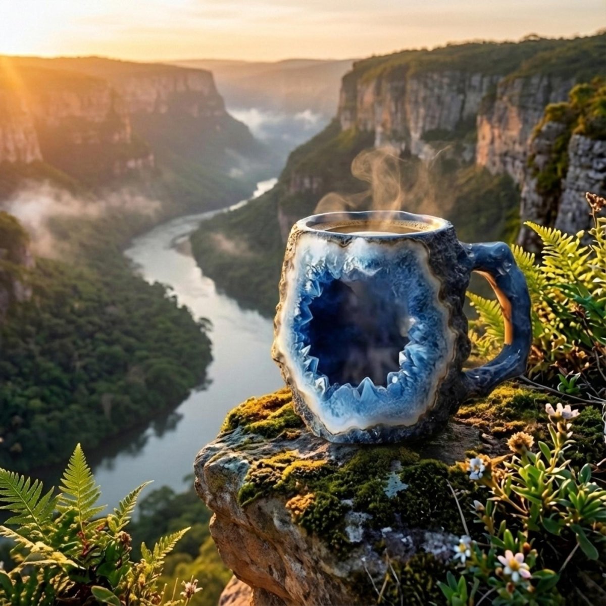 The Kouvr blue geode coffee cup resting on a mossy overlook with a scenic river canyon in the background, showing it as a perfect gift for nature lovers.