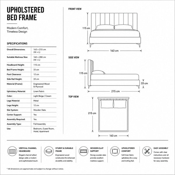 Technical schematic diagram displaying overall dimensions, side view height, and top view specifications for the upholstered lift storage bed frame.