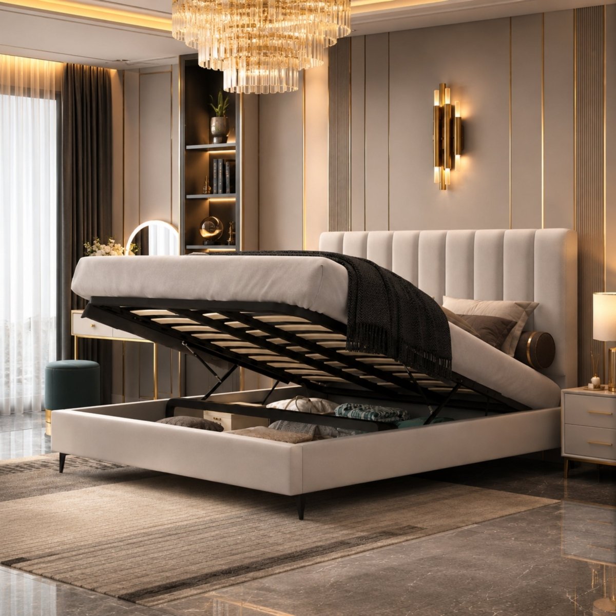 Angled view of a upholstered ottoman bed frame raised up to display its durable wooden slat mattress support system and deep hidden storage base.