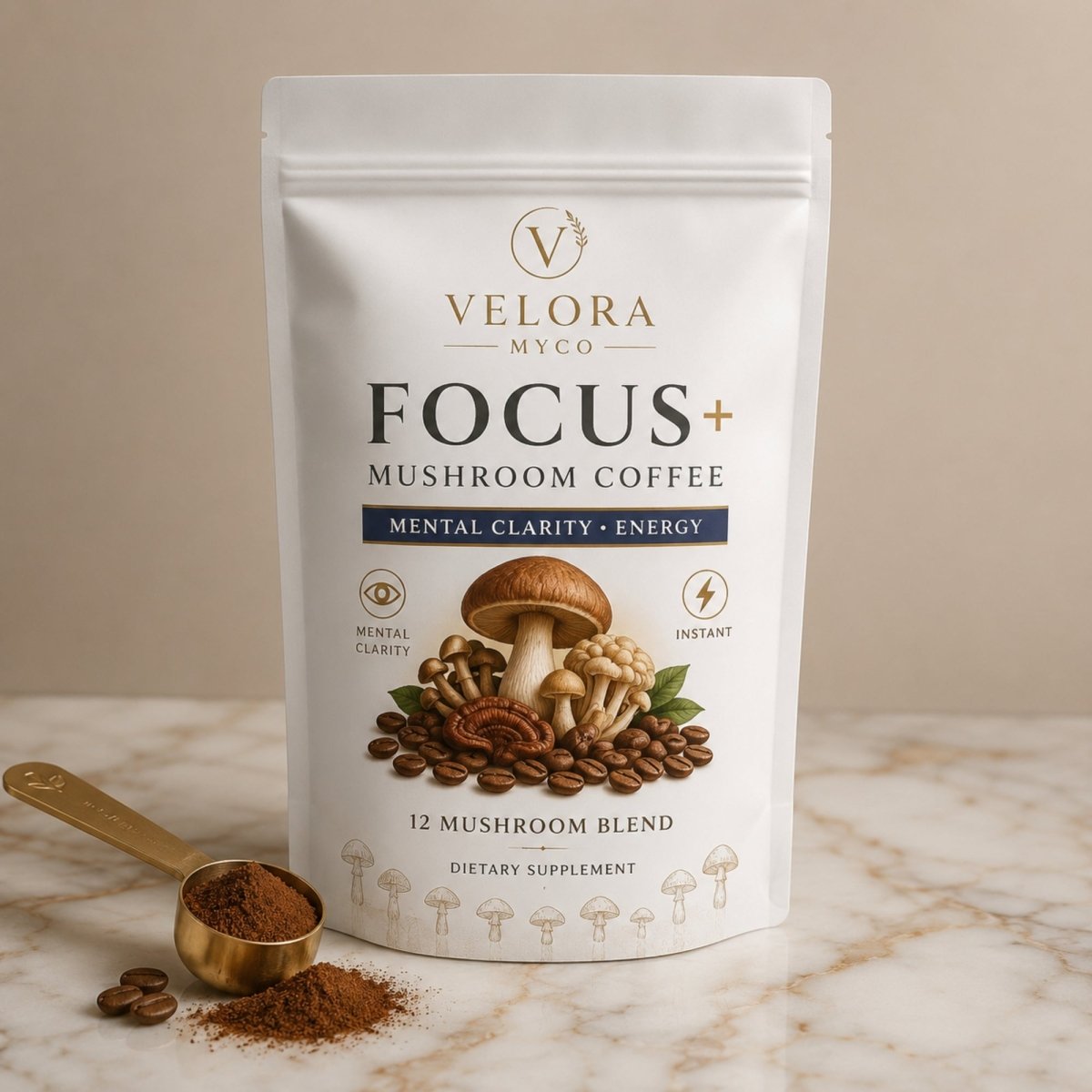 Velora Myco Focus Plus Mushroom Coffee pouch containing a 12-mushroom adaptogenic blend for mental clarity and energy, shown with a gold scoop of instant supplement powder on a luxury marble surface.
