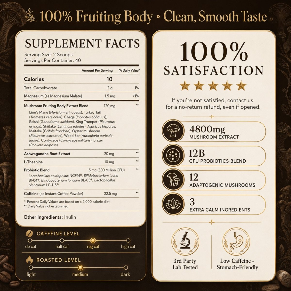 Nutritional label and supplement facts for Velora Myco Mushroom Coffee highlighting 4800mg fruiting body extract, 12 billion CFU probiotics, ashwagandha, and low-caffeine malate ingredients.