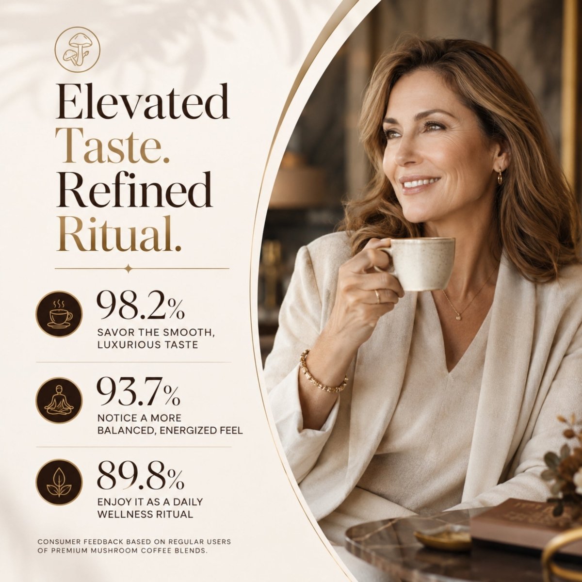 A sophisticated woman in a cream blazer enjoying an elevated daily wellness ritual with Velora Myco functional coffee, showcasing consumer feedback metrics for taste, energy, and balance.