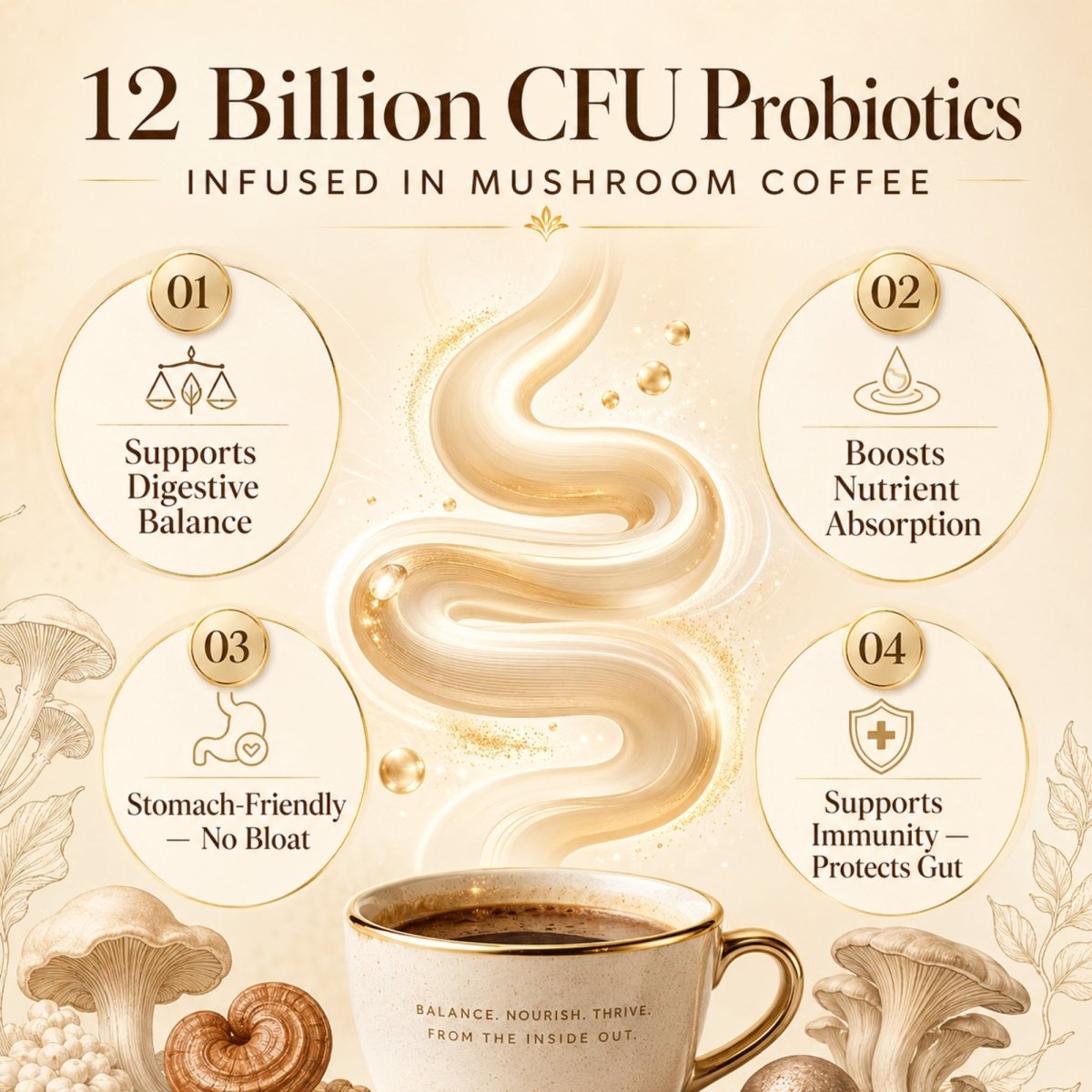Infographic showing the benefits of 12 billion CFU probiotics infused in Velora Myco mushroom coffee, detailing digestive balance, nutrient absorption, immunity, and bloat-free stomach comfort.