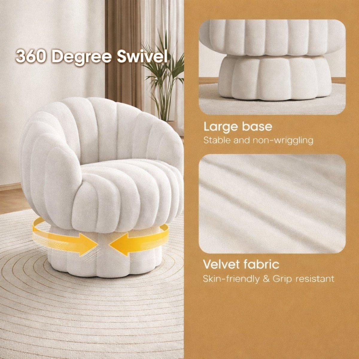 Infographic detailing the 360 degree swivel base, non-wriggling large base, and skin-friendly velvet fabric of the Kouvr accent chair.