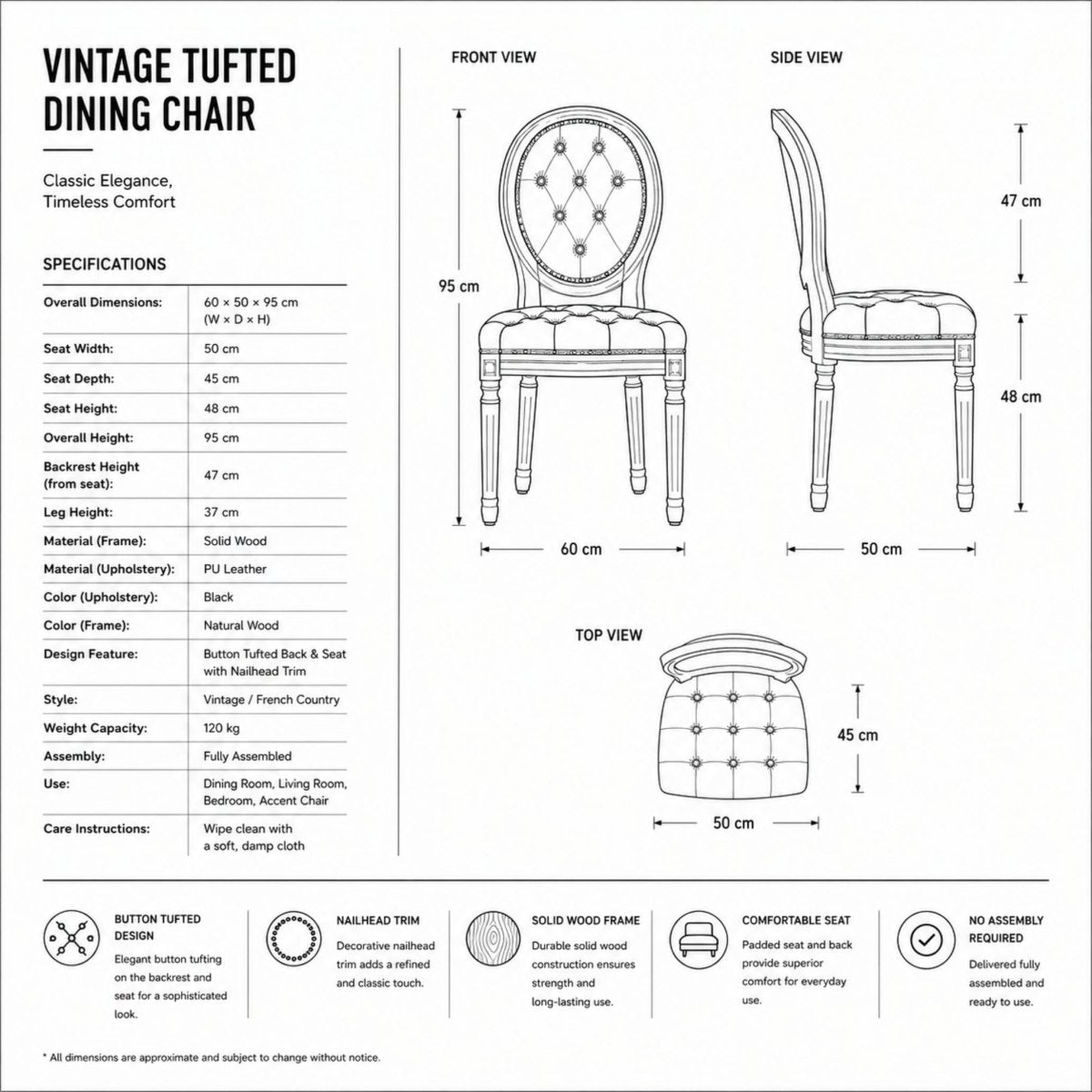 Detailed specification graphic for the vintage tufted dining chair showing dimensions of 60 by 50 by 95 centimeters, solid wood frame material, PU leather upholstery, and fully assembled delivery features.
