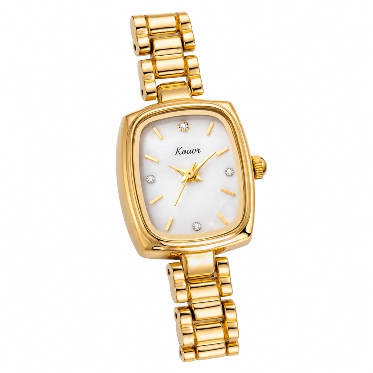 Angled view of the Kouvr gold square watch highlighting the chunky vintage-inspired link bracelet and cushion cut case design.
