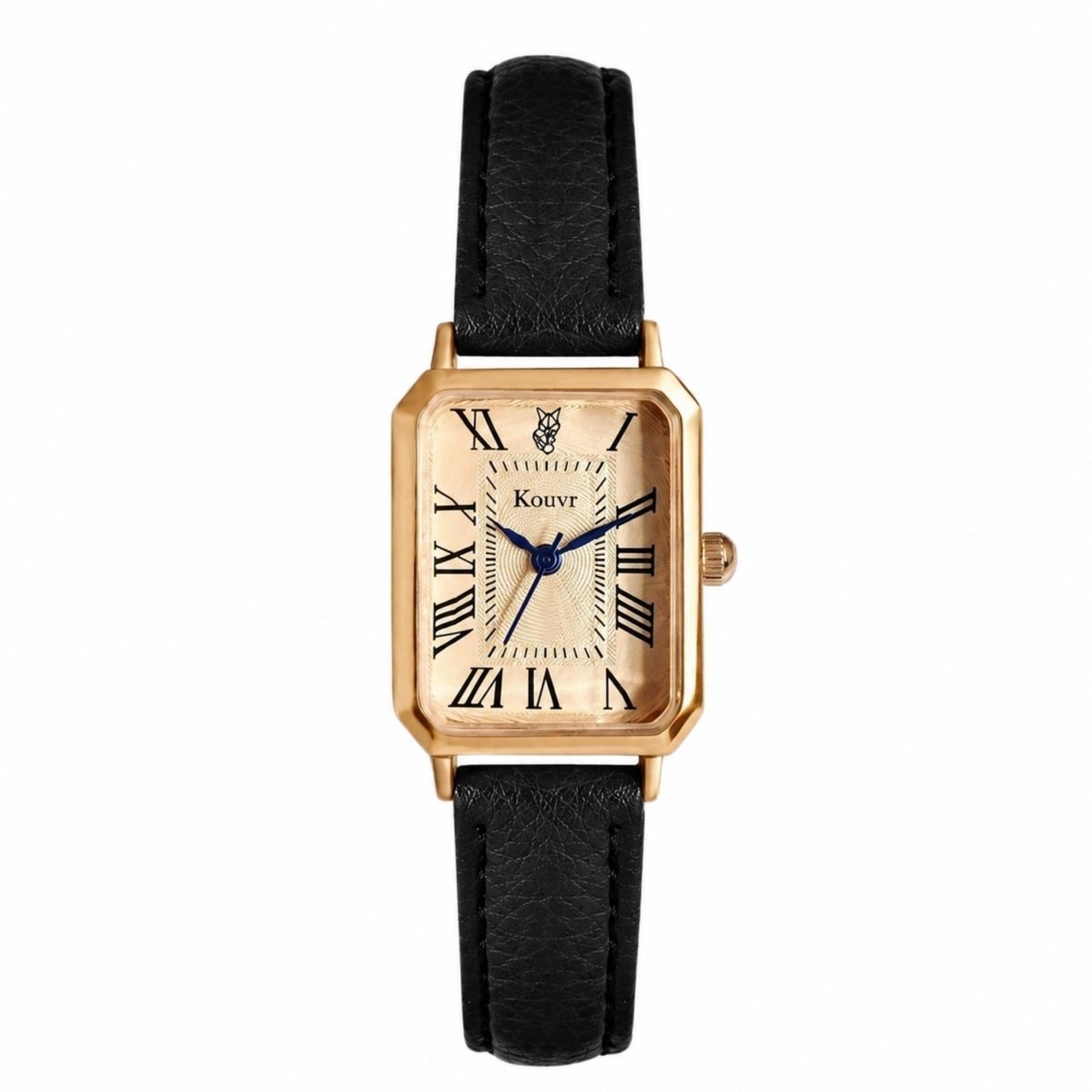 Vintage style women's rectangular dress watch in gold with a black leather strap.