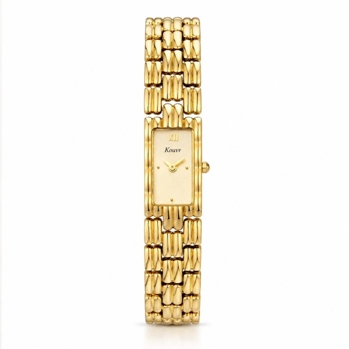 Straight view of the Kouvr women's gold timepiece featuring a minimalist rectangular dial, classic Roman numeral XII, and a unique ribbed link bracelet.
