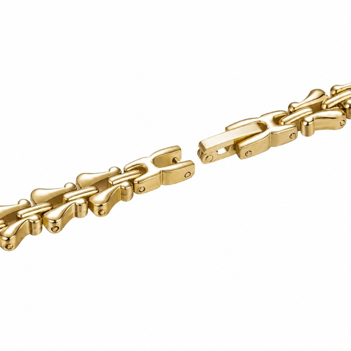 Macro detail shot of the open folding clasp on a women's adjustable gold vintage style link watch bracelet.