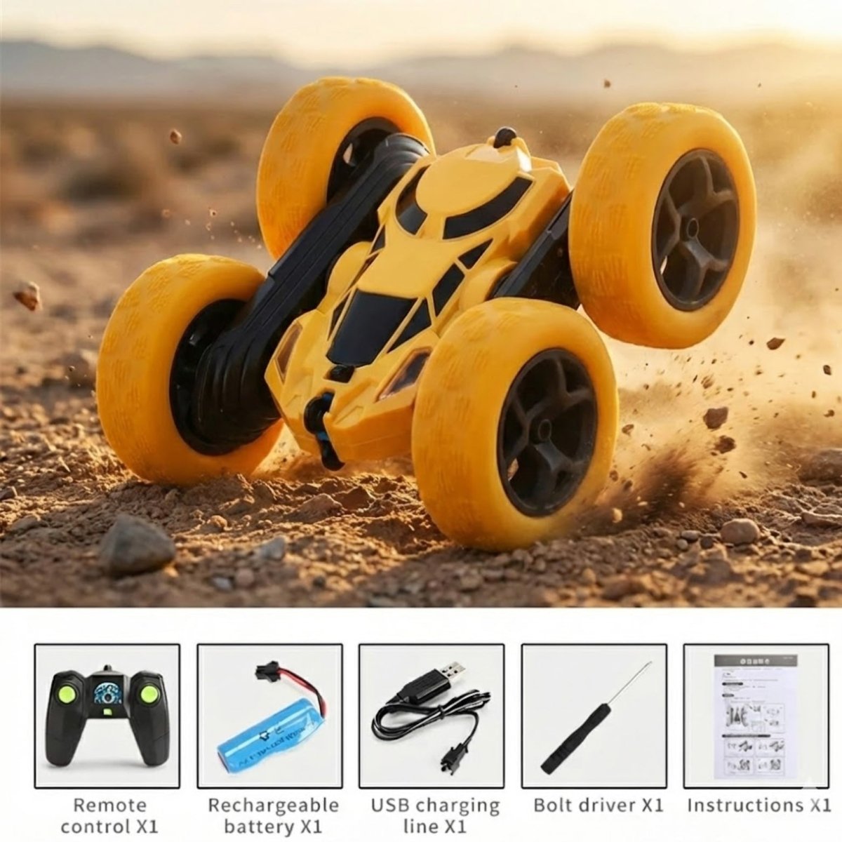 Product photo displaying all contents of the Kouvr RC stunt car package: the car, remote control, rechargeable battery, USB charging line, bolt driver, and instructions.