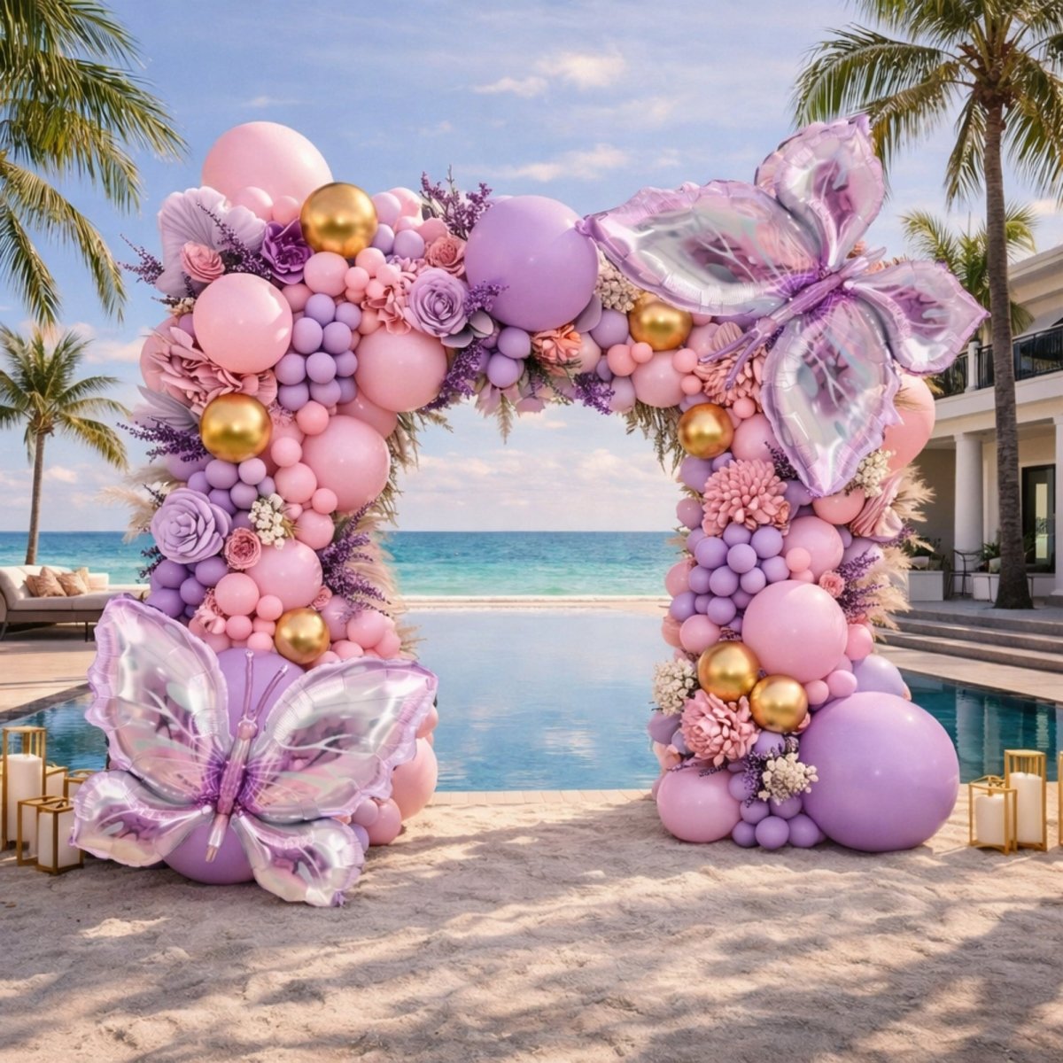 A luxury outdoor wedding balloon arch on a sandy beach next to a pool, featuring lavender, pink, and gold balloons with large iridescent 3D butterfly balloons and ocean views under a blue sky