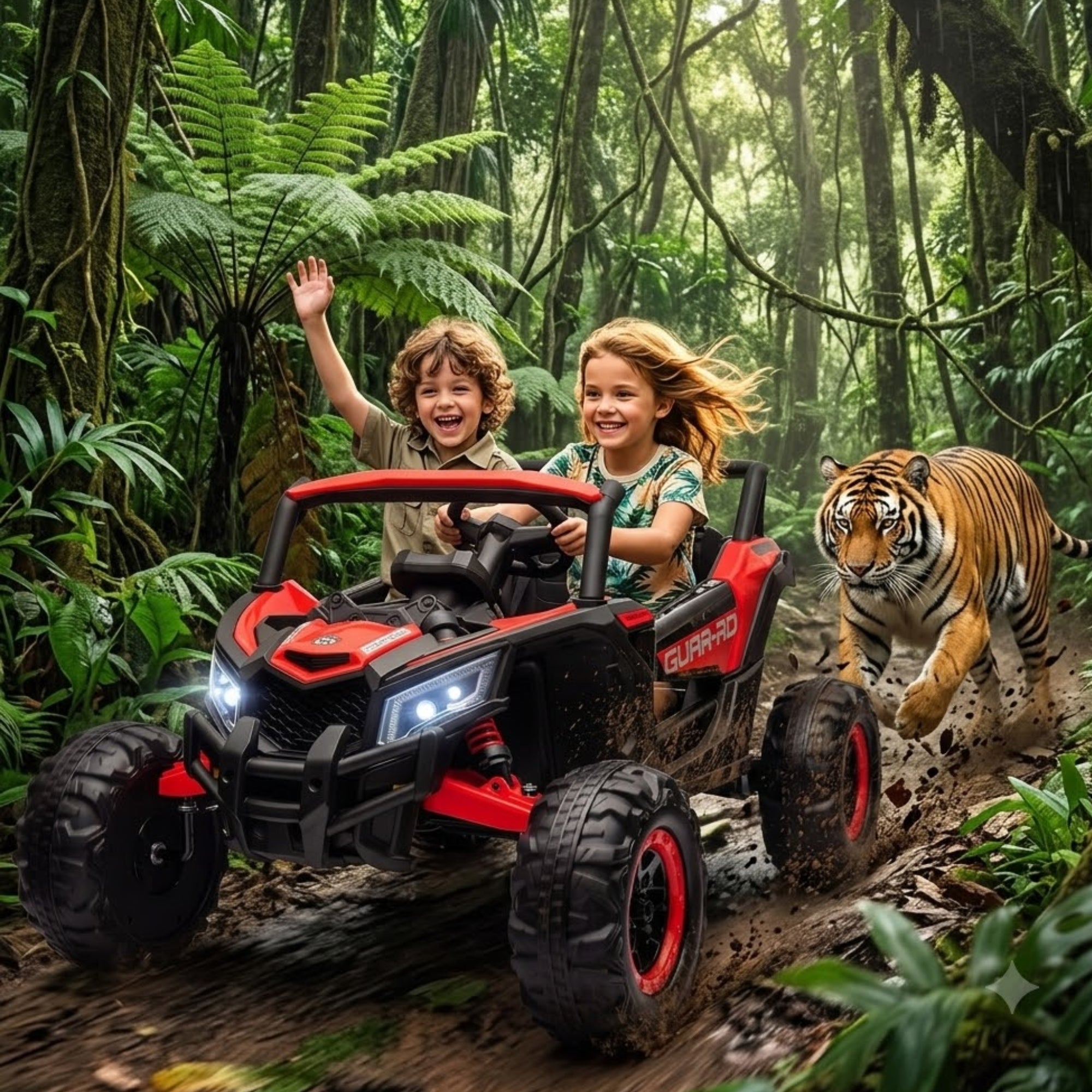 A happy boy and girl driving a muddy white 24V ride-on truck through a swampy jungle track with a hippopotamus in the background.