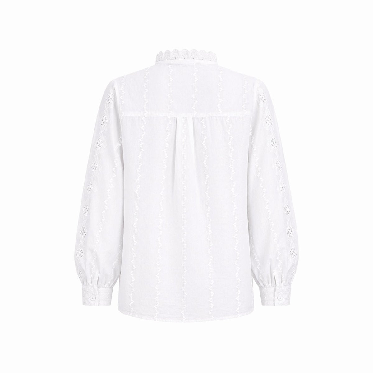 Flat lay back view of the Kouvr white cotton ruffle neck blouse showing back yoke design
