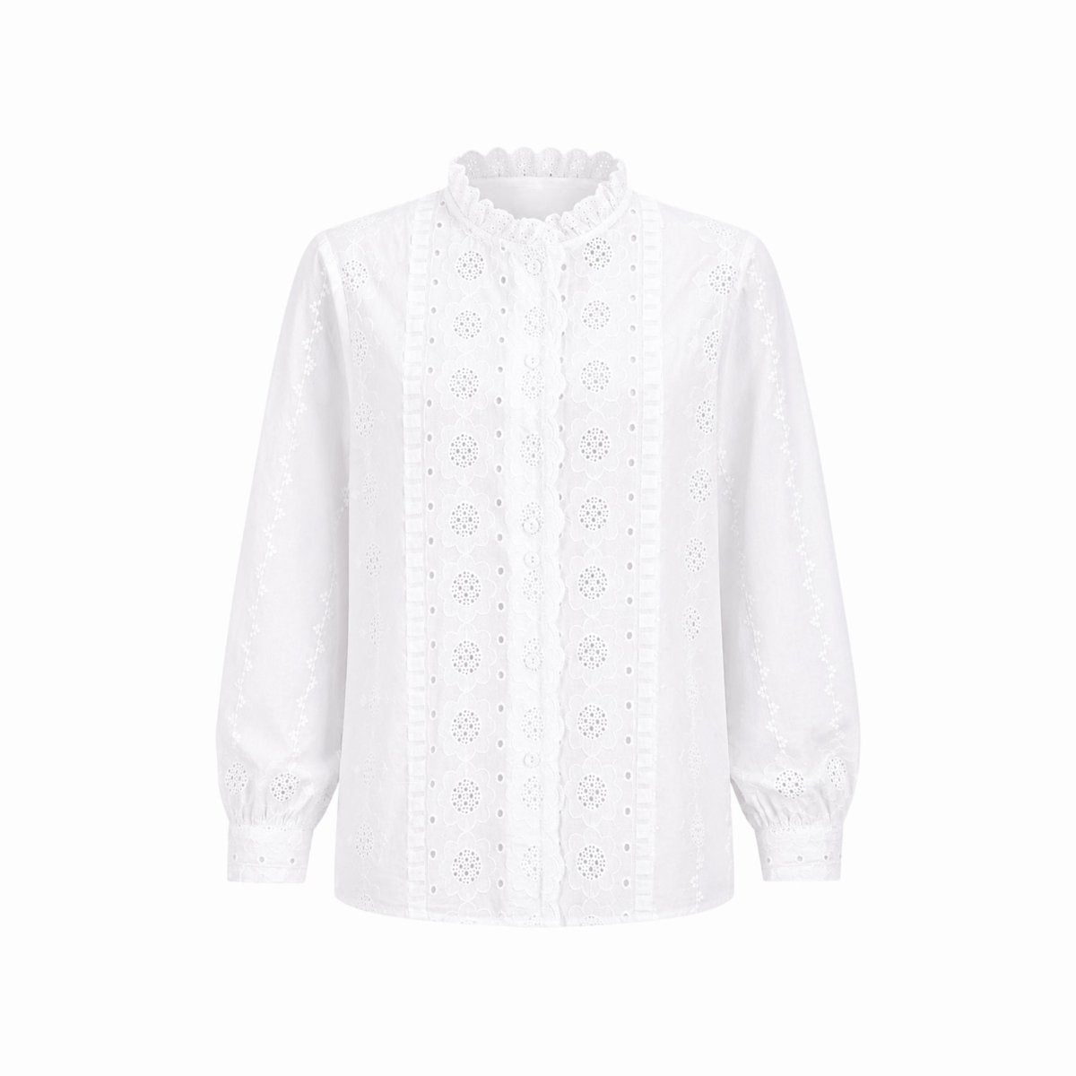 Flat lay front view of the Kouvr white broderie anglaise button down shirt showing intricate embroidery
