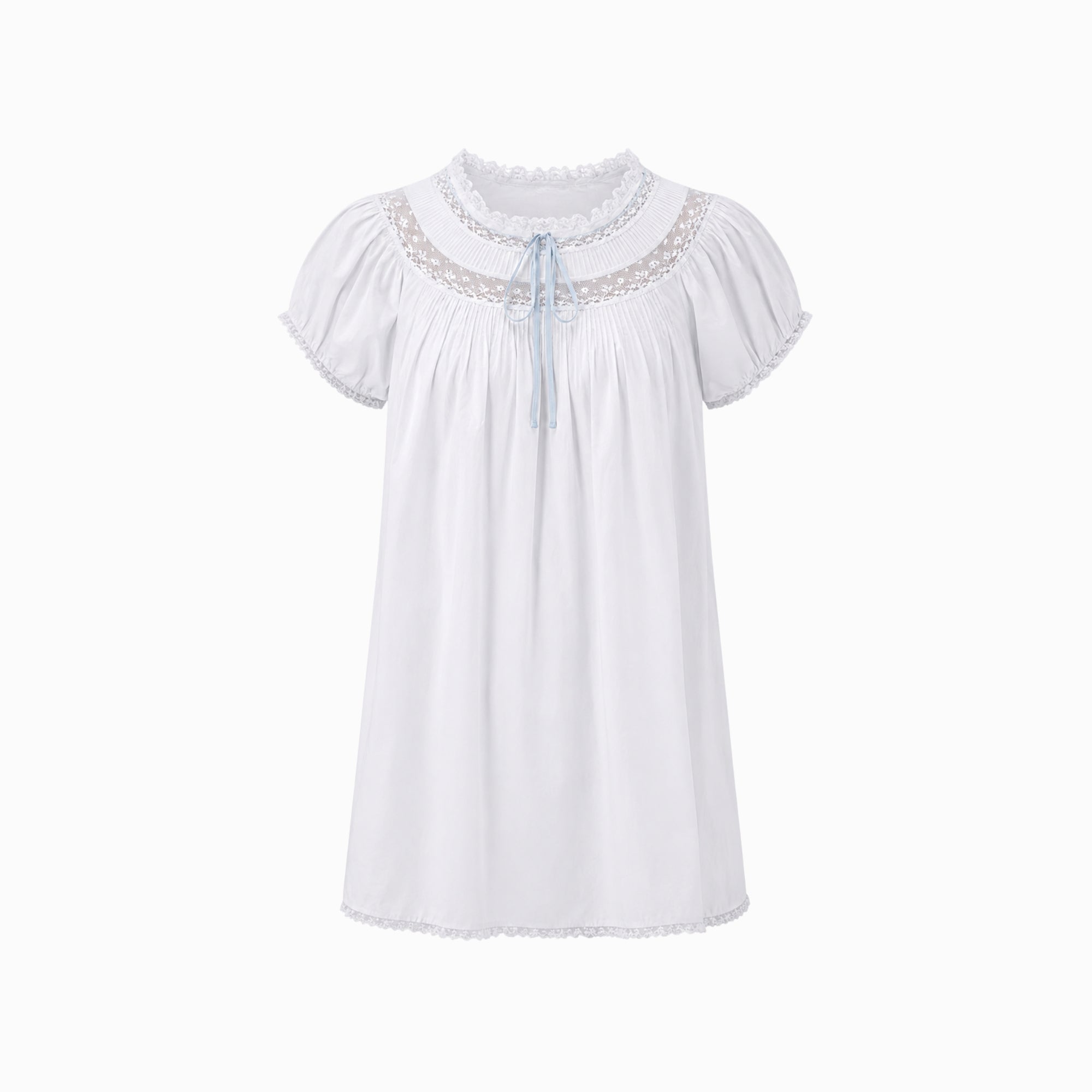 Flat front view of Kouvr white romantic nightgown dress showing intricate chest lace and pastel blue bow.