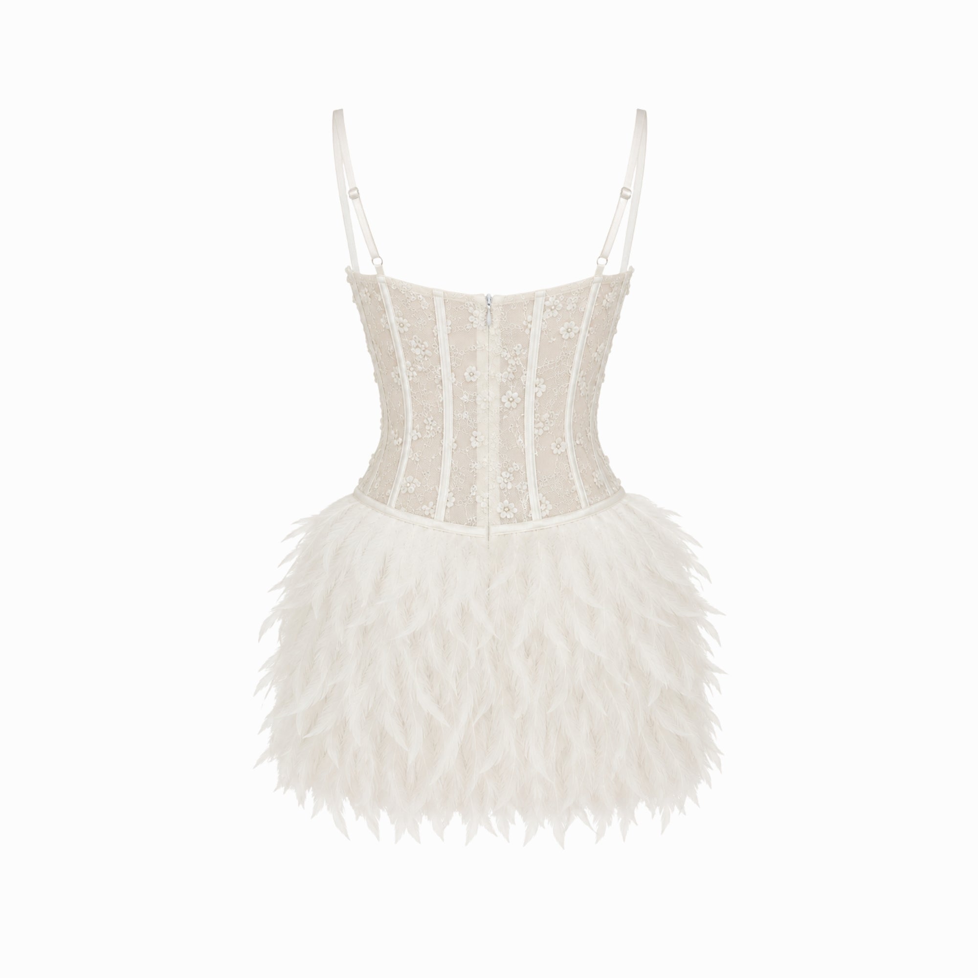 Flat lay back view of white statement evening dress showing corset back paneling and high-quality feather trim detail.
