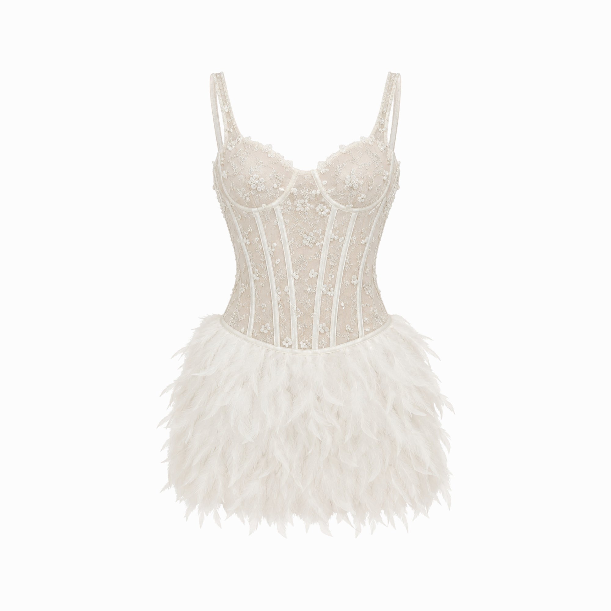 Flat lay front view of white mesh bustier cocktail dress with embroidered floral lace and dense plush feather skirt.
