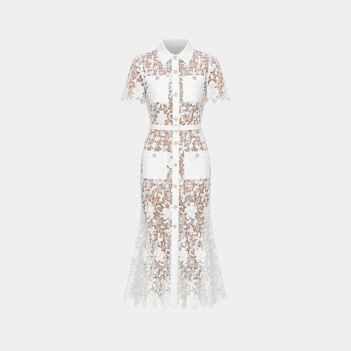 Flat lay front view of a white lace button up dress featuring four pockets, sharp collar, and adjustable waist belt.