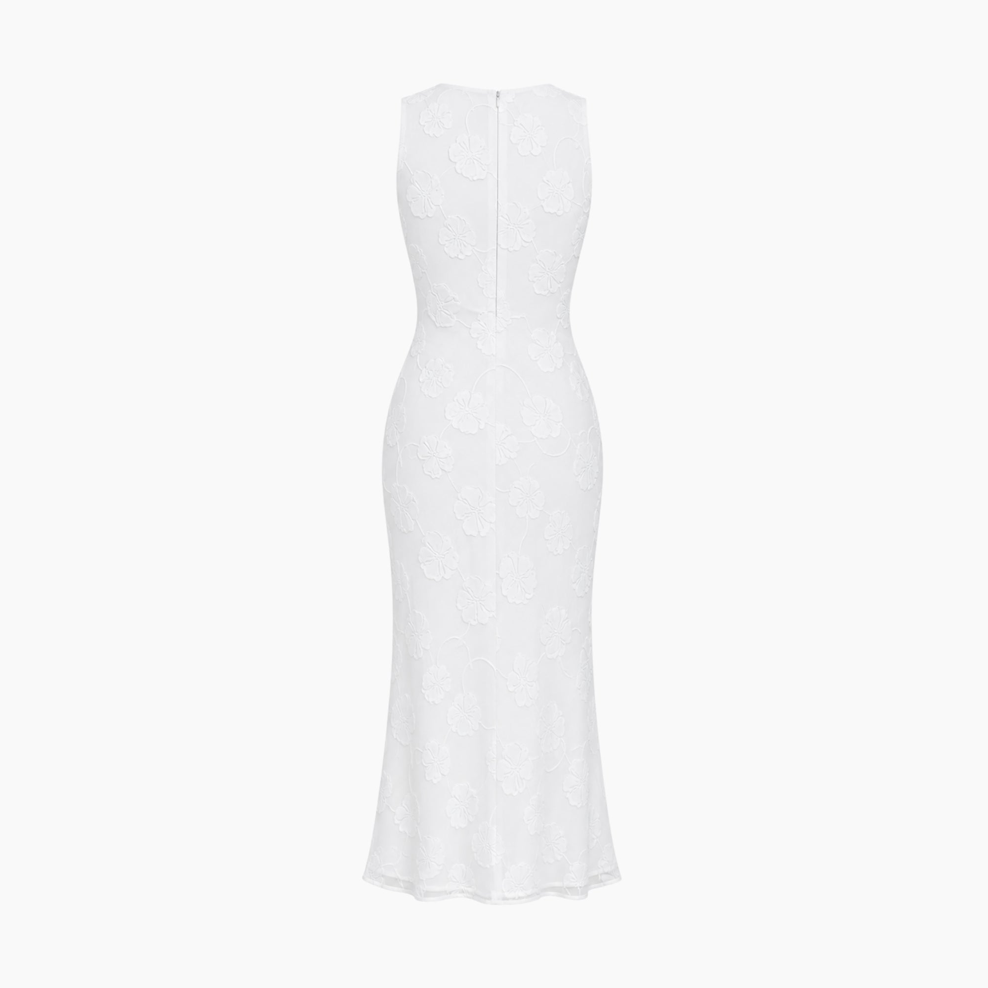 Flat lay front view of white floral textured high neck maxi dress