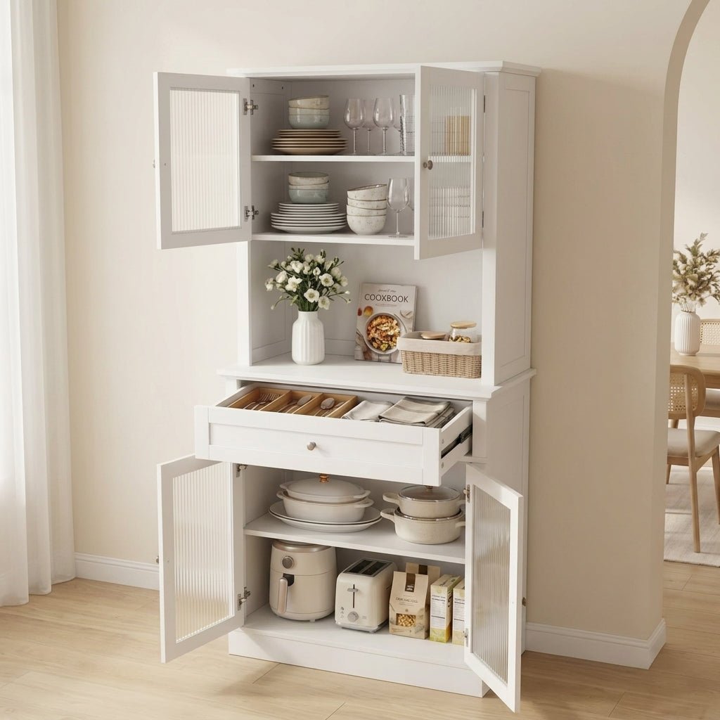 Side profile of a slim white modern storage cabinet highlighting the central open counter space and fluted glass details.