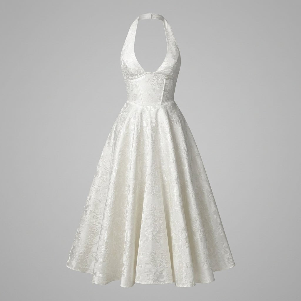 Ghost mannequin front view of the Kouvr affordable luxury white plunging v-neck jacquard formal midi dress.