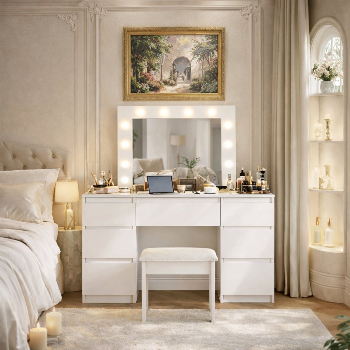 Luxury white makeup vanity desk with lighted mirror and padded stool in an elegant, modern bedroom setting.