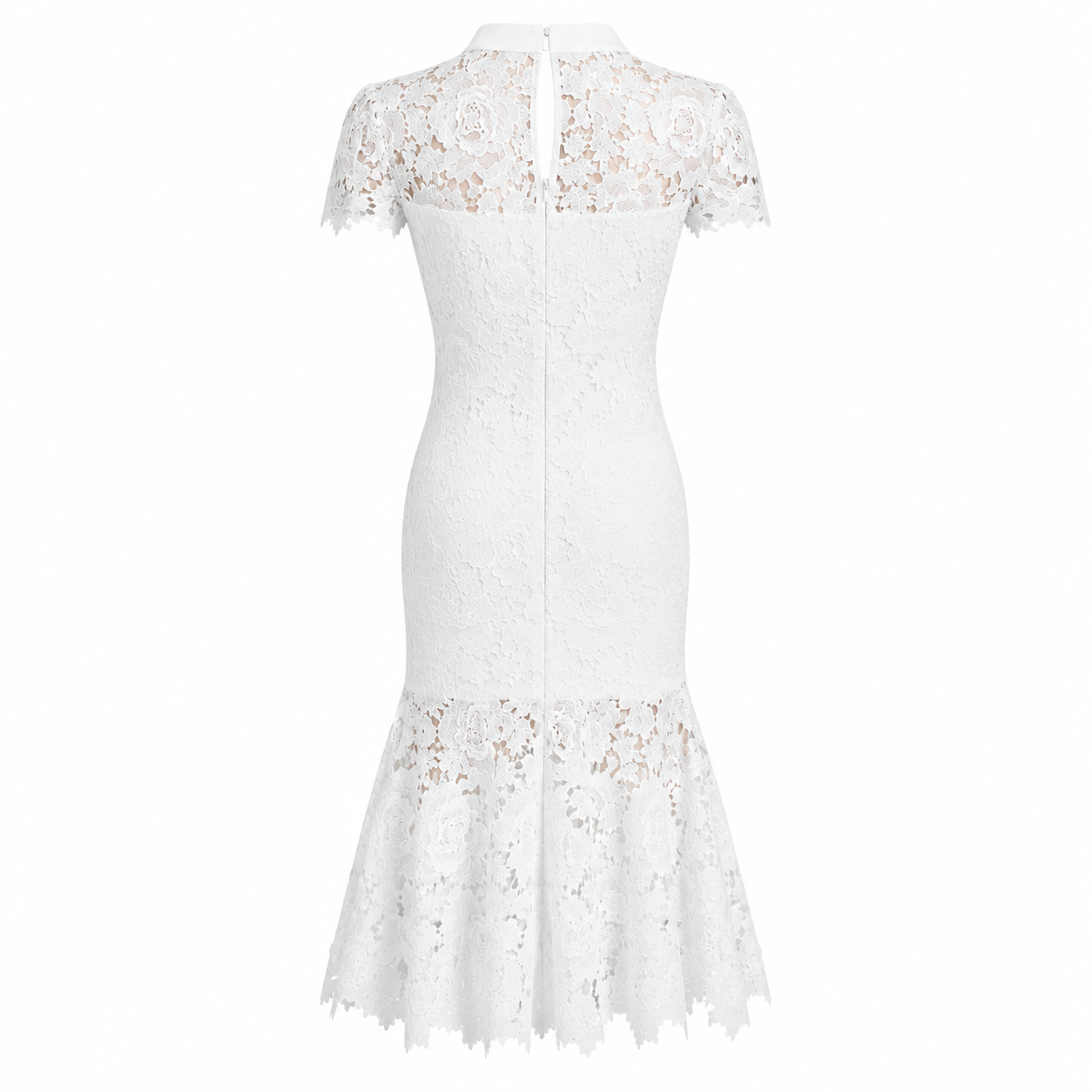 Studio flat lay image of the back of the white lace midi dress highlighting the solid collar and sheer yoke.
