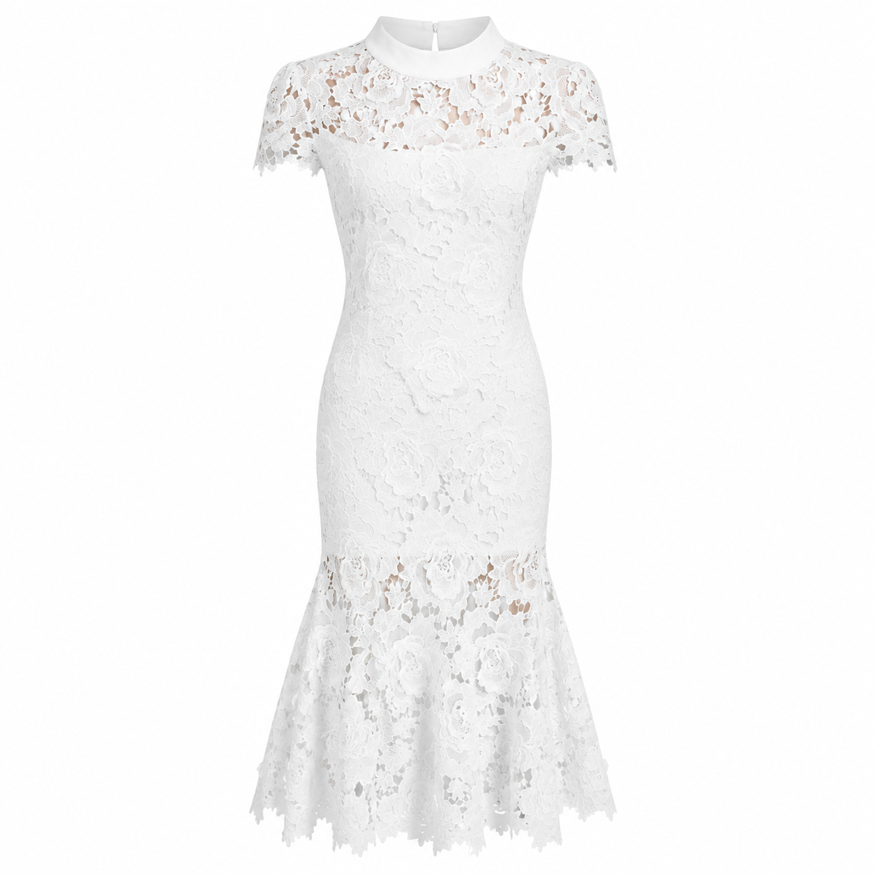 Studio flat lay image of white high neck floral lace midi dress with detailed scalloped hem and sleeve edges.
