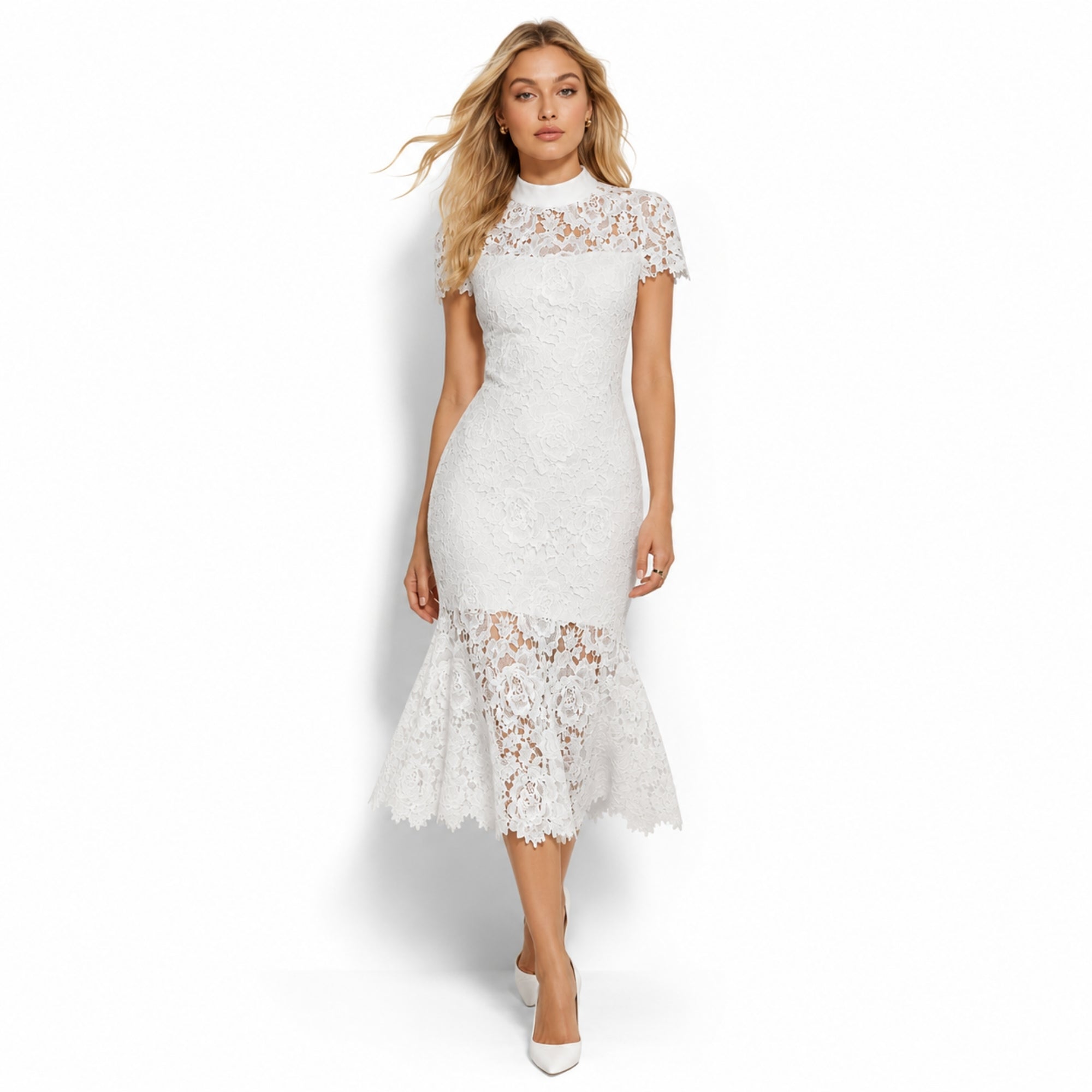  Front view of elegant white floral lace midi dress with high collar, perfect for bridal showers or formal events.