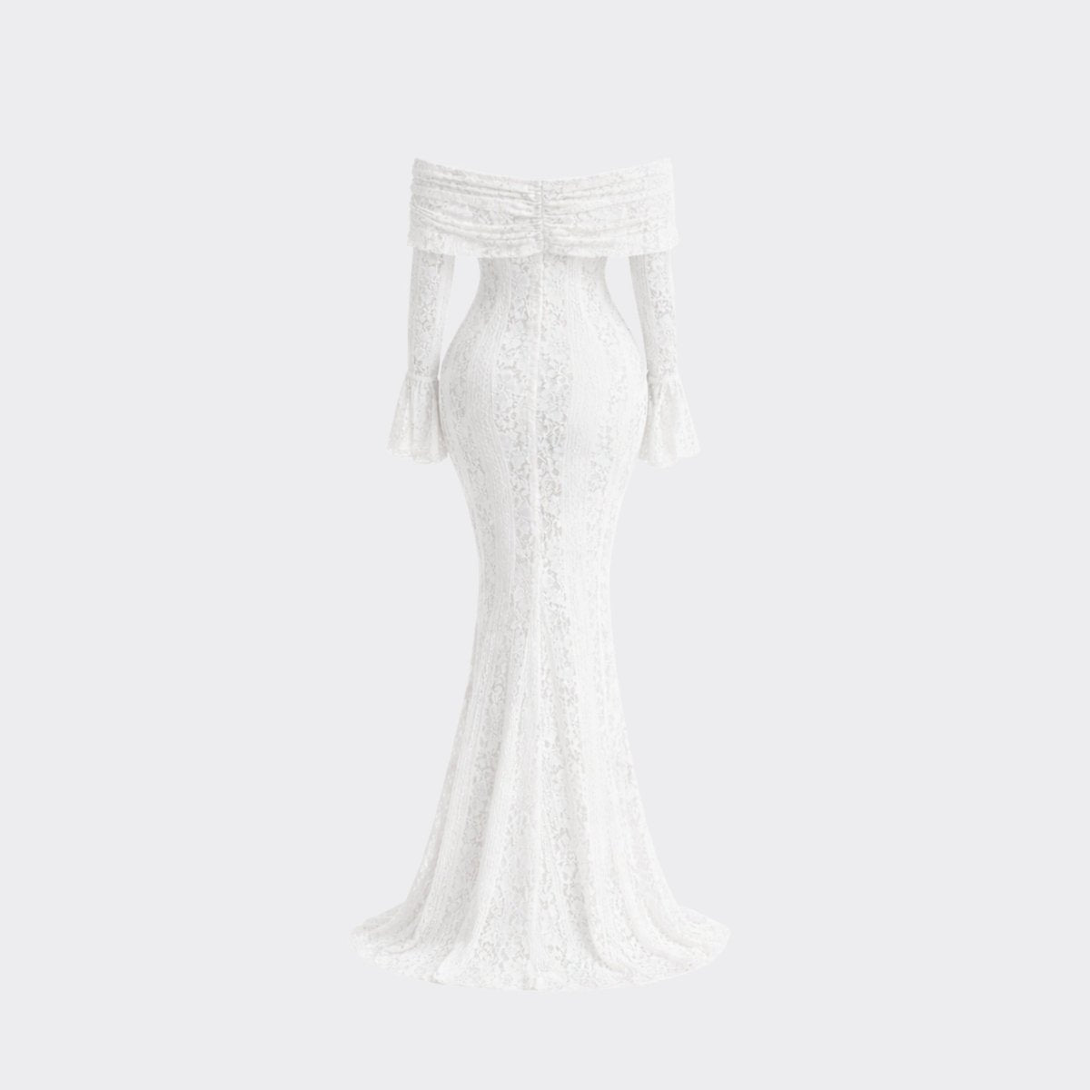 Back flat lay view of Kouvr fitted white lace mermaid maxi dress showing subtle train design and textural floral lace composition