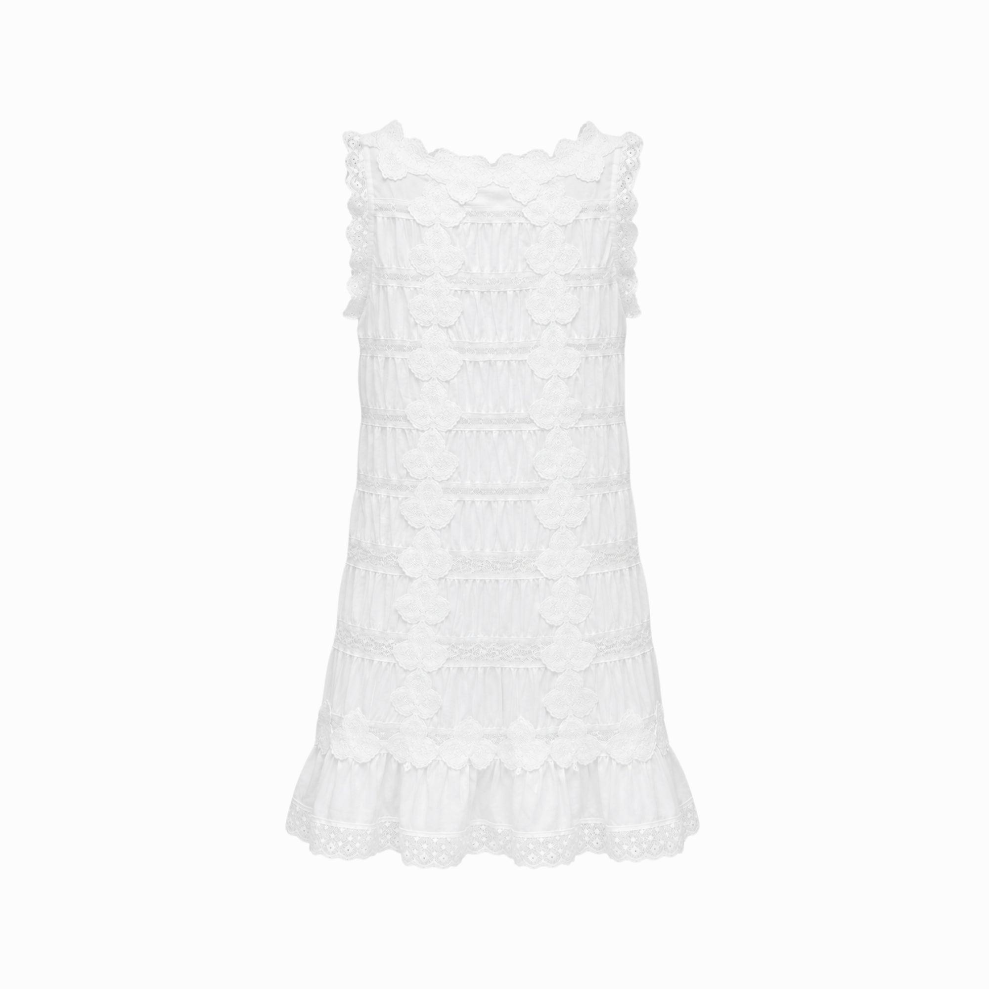 Detailed front view of Kouvr white floral applique sleeveless dress showing intricate lace craftsmanship