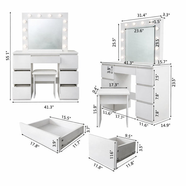 Detailed schematic dimension chart for the white makeup vanity desk, mirror, interior drawers, and seating stool.