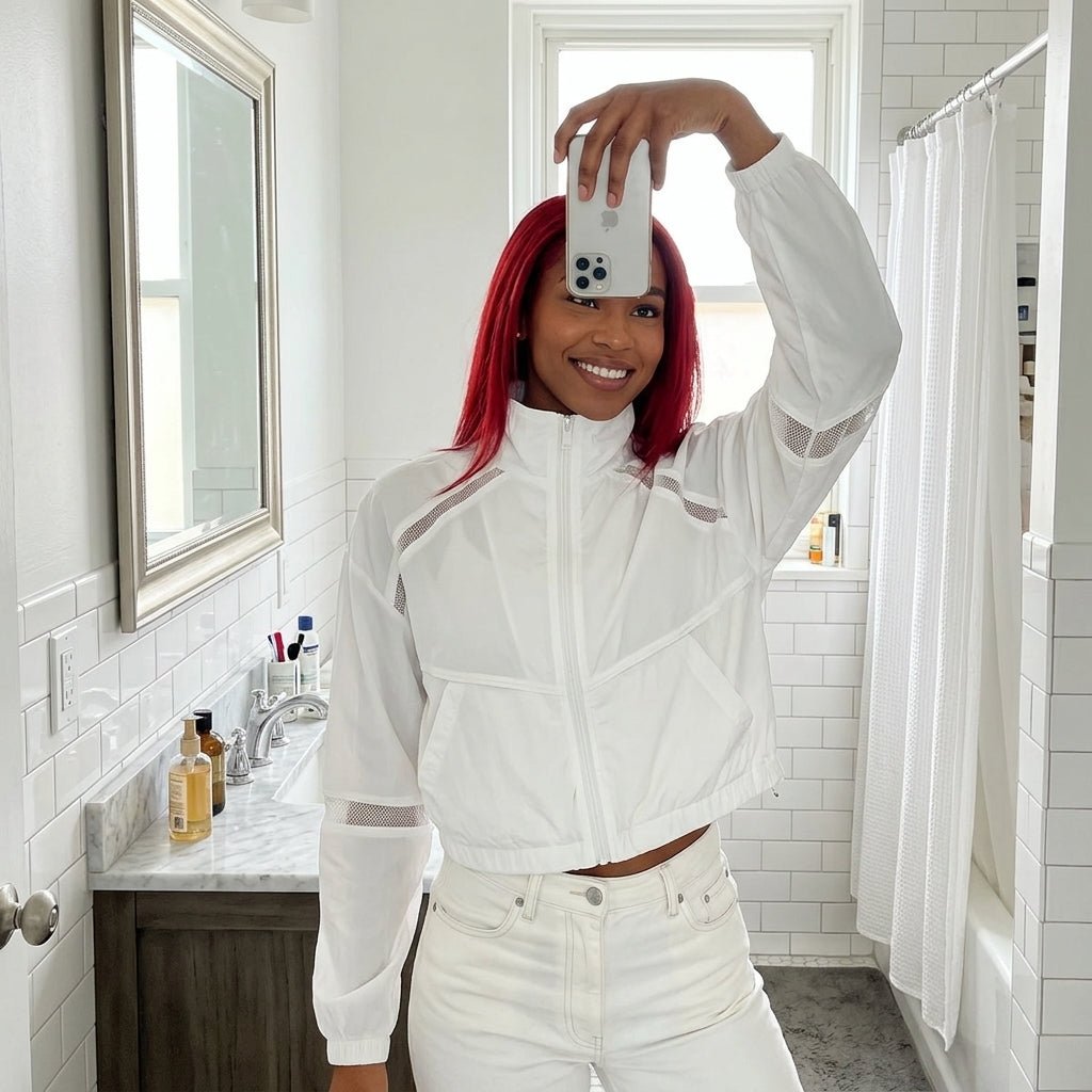 Lifestyle mirror selfie of a woman wearing the Kouvr white mesh activewear jacket with red hair