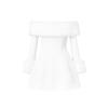 Product-only shot of a white off-shoulder mini dress with long sleeves and faux fur trim against a white background.