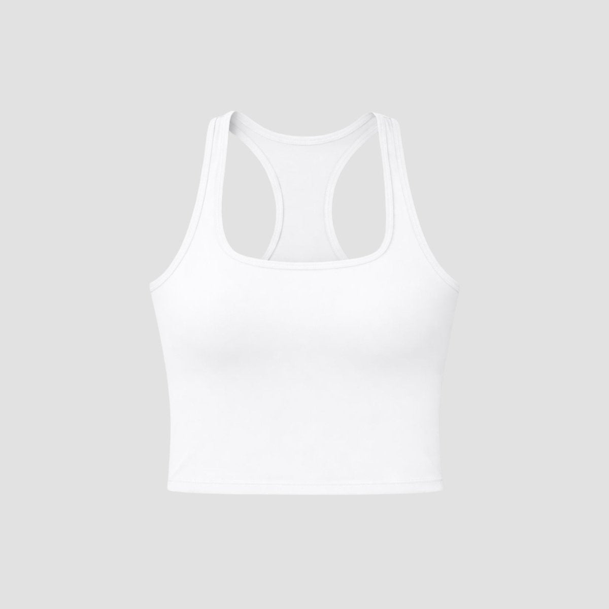 Flat lay back view of a white athletic racerback cropped tank top.