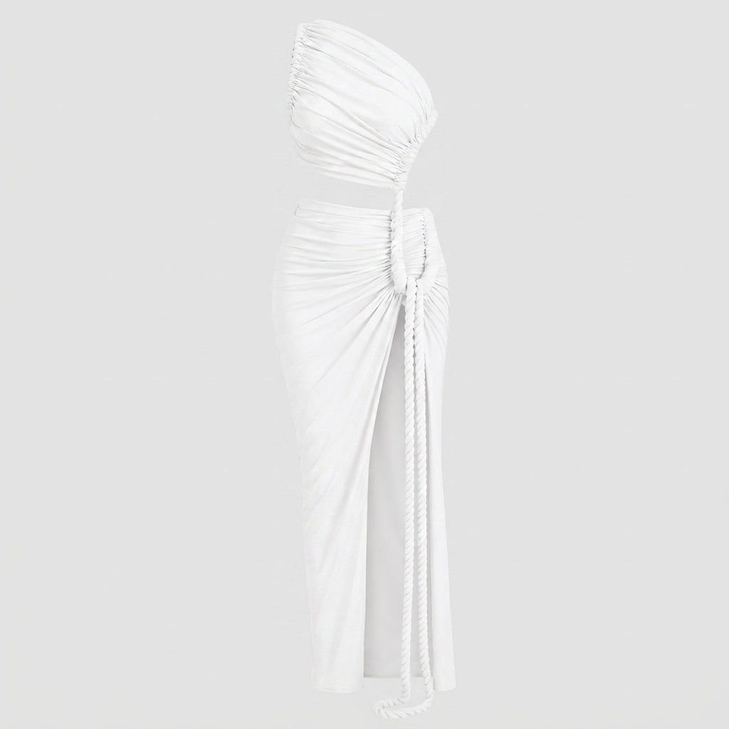 Ghost mannequin front view of the white one shoulder ruched cutout maxi dress with rope accent on a clean white background. White - front catalog