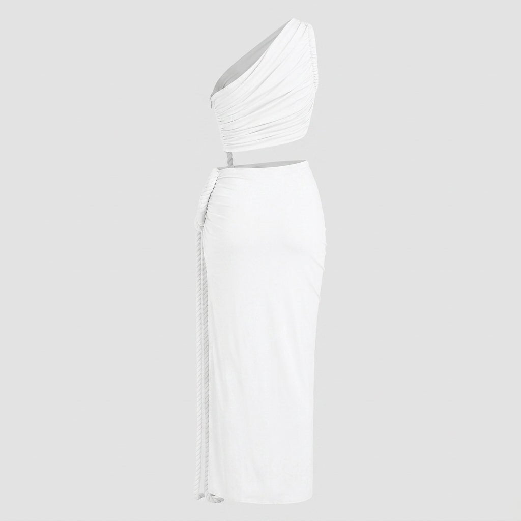  Ghost mannequin side view of the white asymmetrical maxi dress showcasing the waist cutout and draped silhouette without a model.