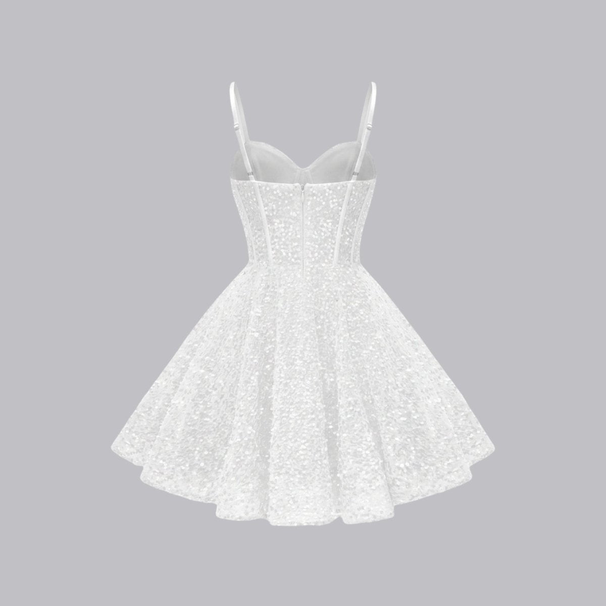 Ghost mannequin back view of white sparkly bridal reception mini dress with zipper