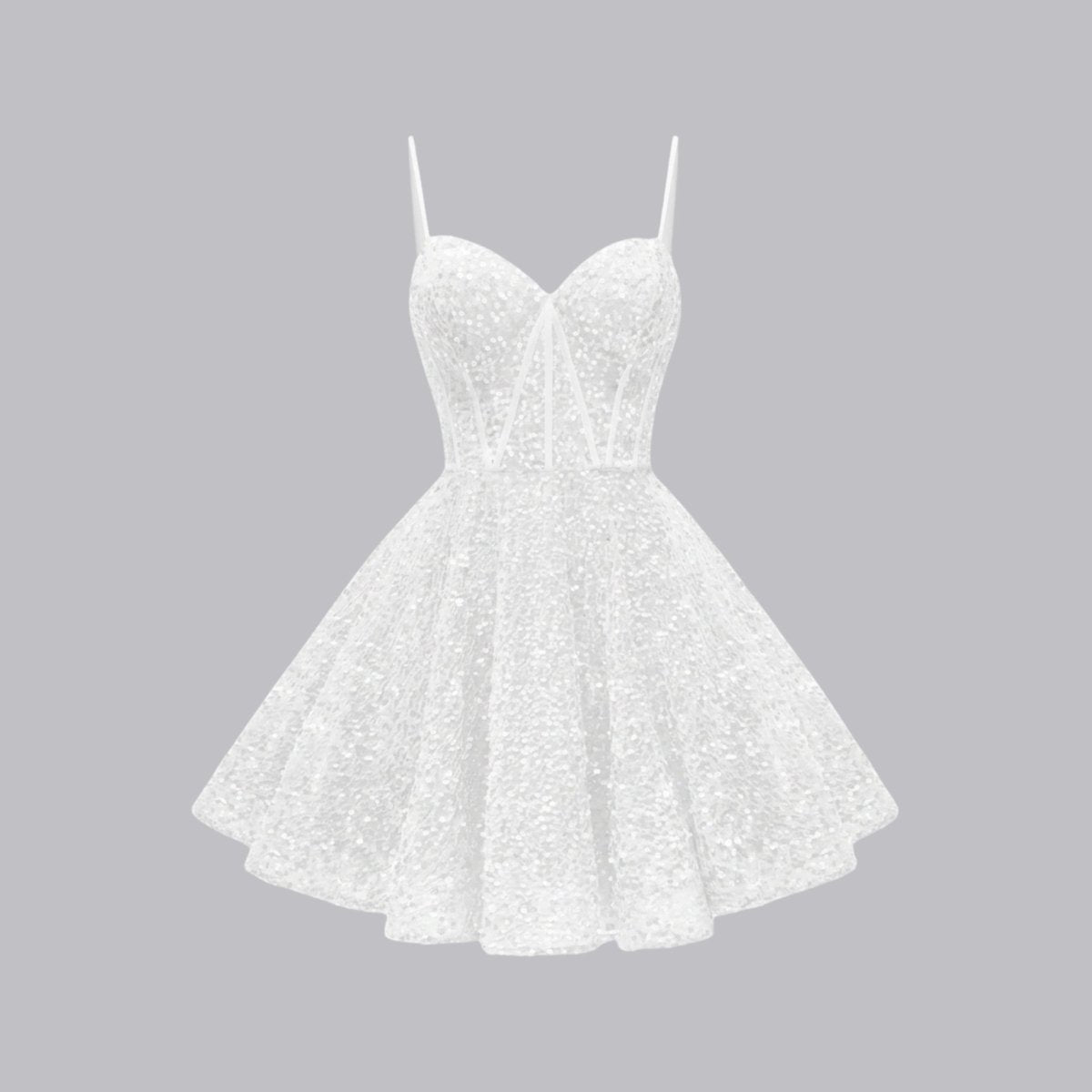 Ghost mannequin front view of luxury white sequin sweetheart corset mini dress