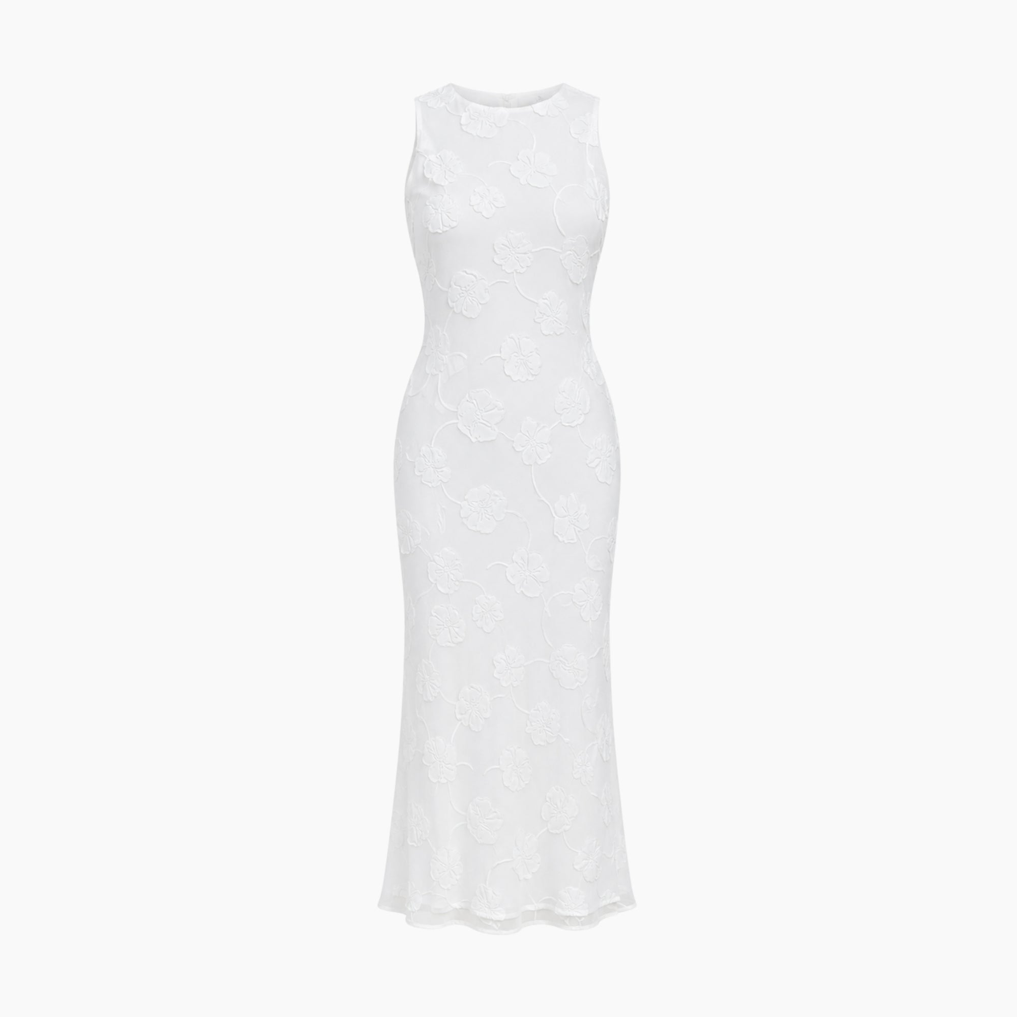 Flat lay back view of white sleeveless trumpet silhouette evening dress