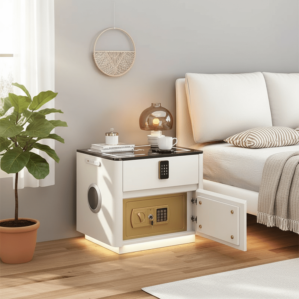 A close-up product photo of a sophisticated white smart bedside table. The design includes an open safe compartment with a keypad, a side speaker, and a charging glass top with an amber glass lamp, books, and a mug. A woven wall hanging and a potted fiddle-leaf fig tree complete the contemporary aesthetic.