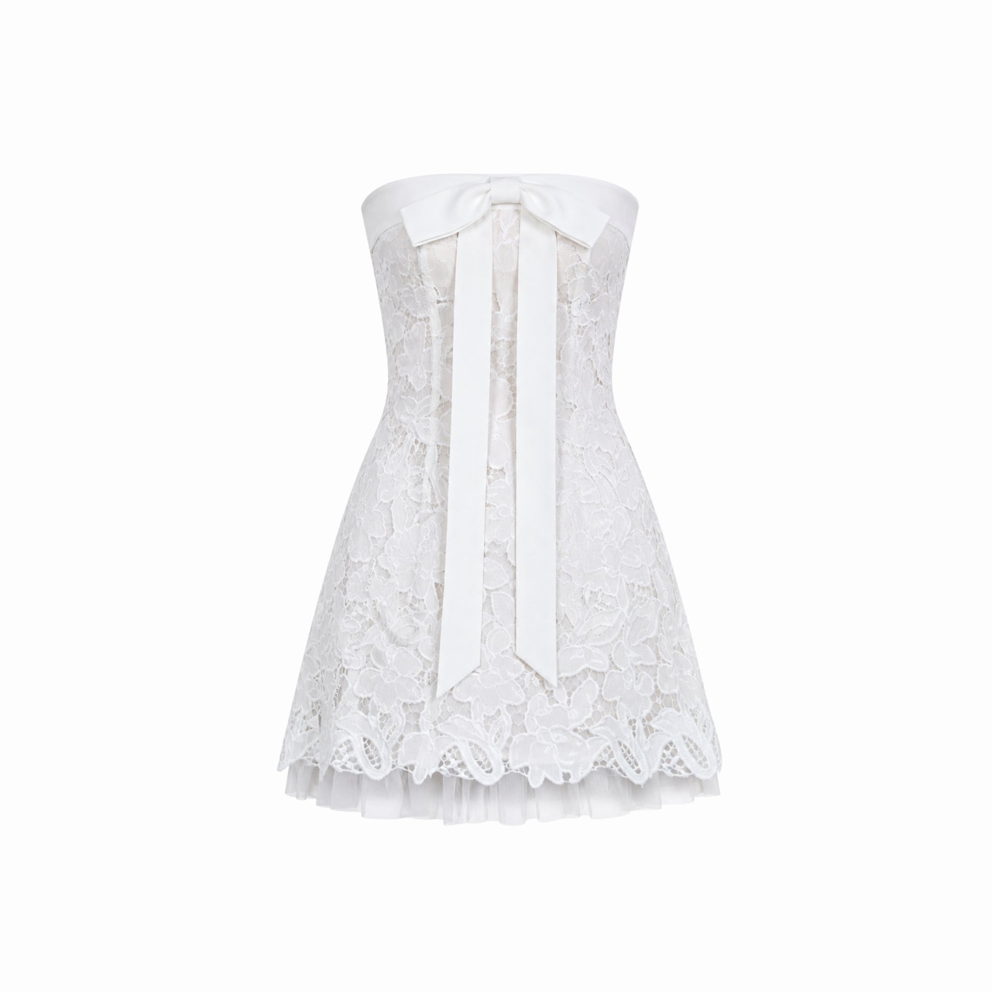 Ghost mannequin front view of luxury white strapless floral lace mini dress with cascading ribbon bow detail by Kouvr.