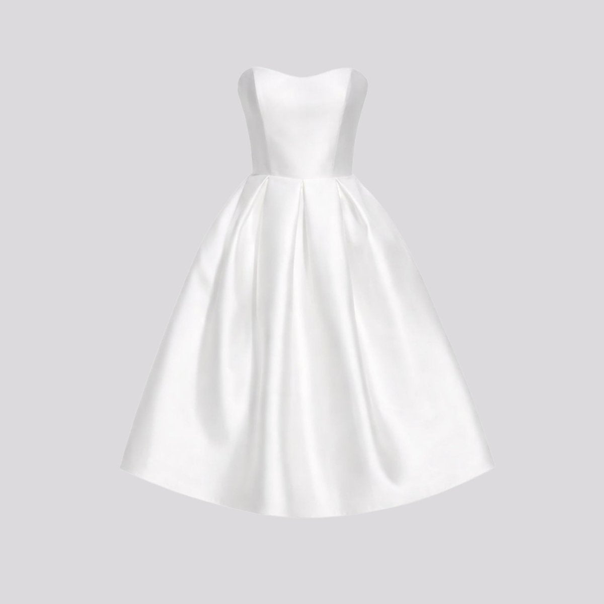 Front view of white strapless satin pleated midi dress on invisible mannequin.