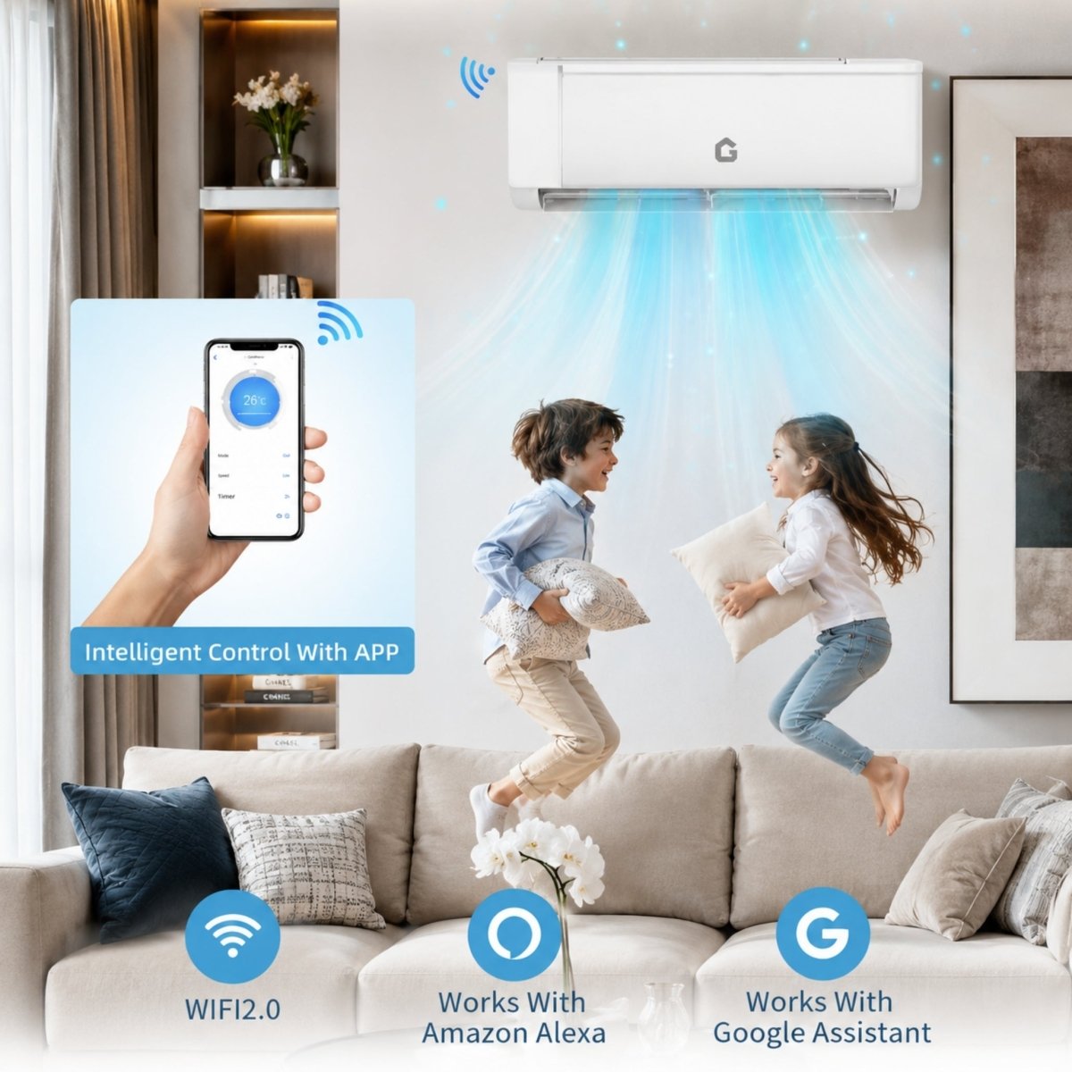 Children playing in a perfectly cooled living room demonstrating the smart WiFi control, Alexa, and Google Assistant compatibility of the Kouvr mini split AC.