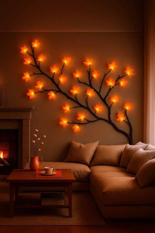 Decorative wall light fixture shaped like a tree with glowing lights in a cozy living room.