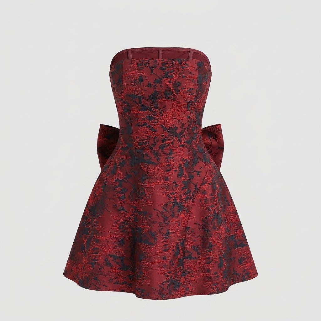 Front view of the wine red floral jacquard strapless mini dress on a ghost mannequin highlighting the A-line skirt structure.