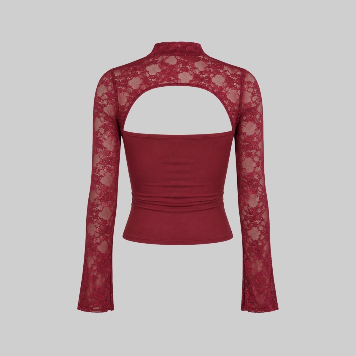 Studio product shot back view of Kouvr burgundy sheer floral lace mock neck top with open back detail
