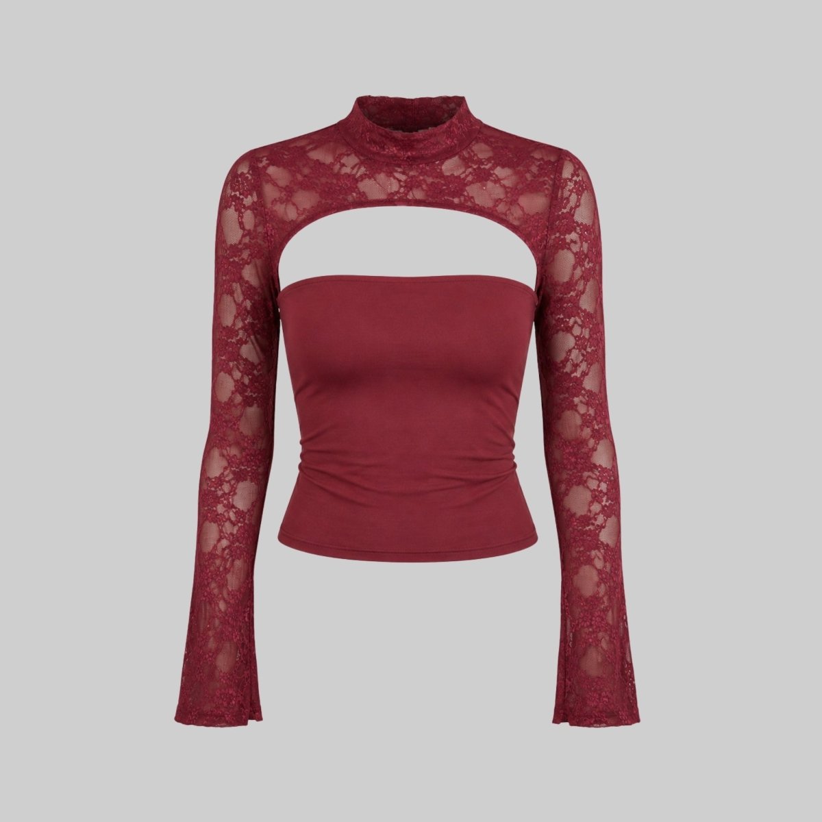 Studio product shot front view of Kouvr wine red sheer lace long sleeve top with chest cut-out