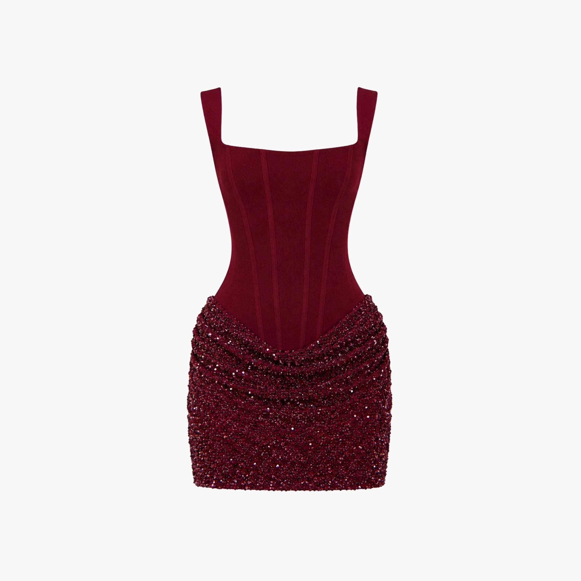 Flat lay product shot of burgundy red square neck corset dress with ruched sparkly skirt.
