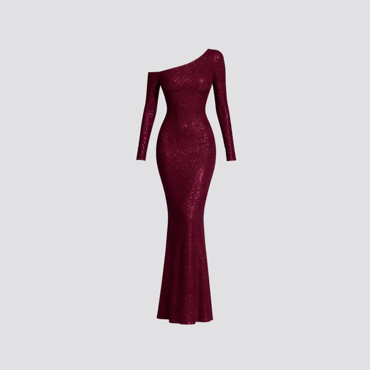 Product shot of the wine red sequin long sleeve formal dress showcasing the bodycon to mermaid silhouette.